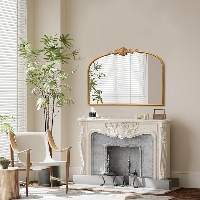 Antique Arched Gold Mirror: 32"x24" Large Gleaming Gold Antique Wall Mounted Mirror - Baroque Traditional Ornate for Fireplace/Bathroom/Living Room - Home Decor for Housewife