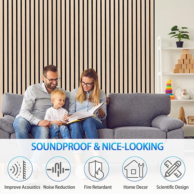 3D Slat Acoustic Wall Panels with Wood Finish Accent, 2 Pack Sound Absorbing Paneling for Studio, Office, Living Room, Bedroom Interior Decor (Natural Oak, 48''L x 24''W)