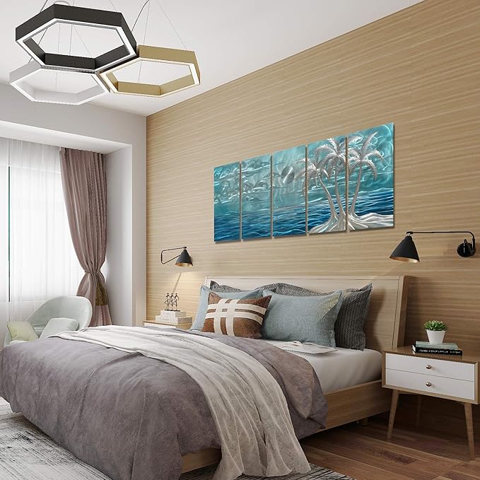 BATRENDY ARTS Modern Beach Metal Wall Art Decor 3D Silver Coconut Palm on the Shores of Hawaii Blue Coast Hanging Sculptures Outdoor or Indoor Tree Decorations