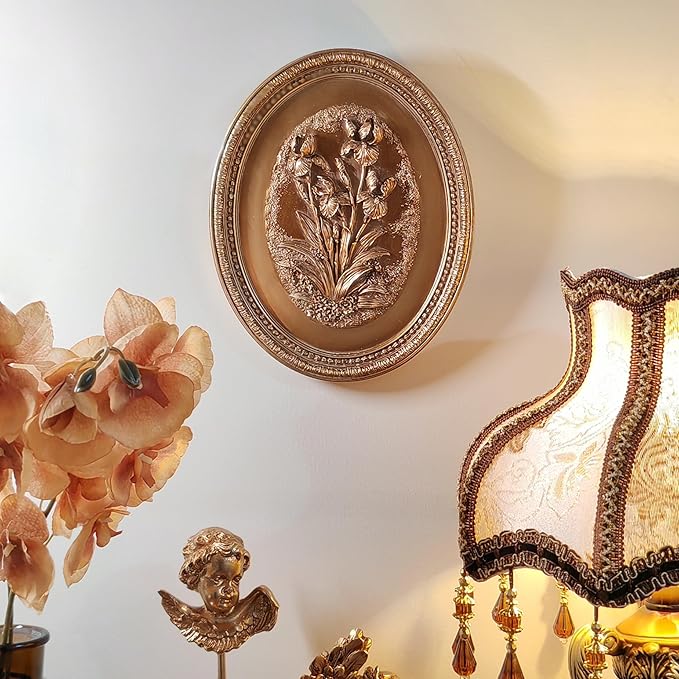 Kangce Vintage Wall Sculptures,Antique Wall Art with Hand-Carved Iris Pattern, Victorian Home Decor,for Living Room, Bedroom,Hallway Gallery,Oval,Bronze