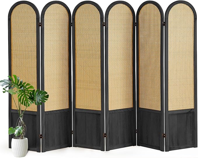 6 Panel Room Divider and Folding Privacy Screen, 5.6 Ft Foldable Double Hinged Rattan Partition, Hand-Woven Rattan Room Divider Portable Wood Freestanding Wall Divider for Room Separation - Black
