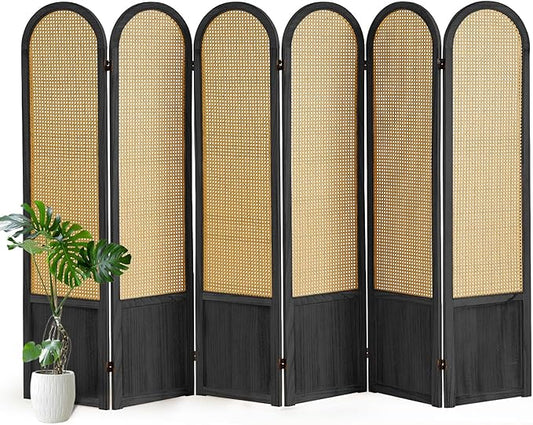 6 Panel Room Divider and Folding Privacy Screen, 5.6 Ft Foldable Double Hinged Rattan Partition, Hand-Woven Rattan Room Divider Portable Wood Freestanding Wall Divider for Room Separation - Black
