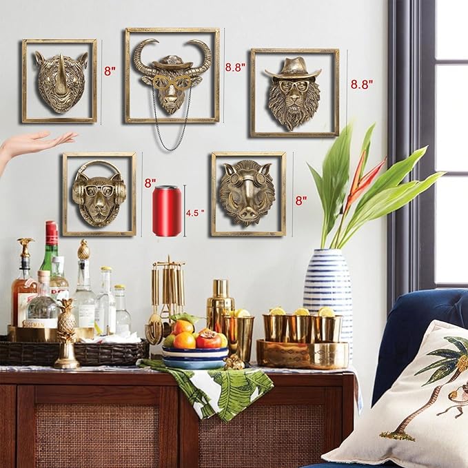 JJALIGHTS Exquisite Resin Animal Head Wall Sculpture (Gift Metal Frame) - Imitation Copper Vintage Decor for Living Room, Bedroom & Office | Decorative Wall Hanging Art