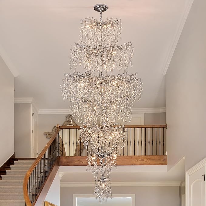 Modern Staircase K9 Chandeliers, Luxury Silver Long 7-Tier Large Foyer Entrance Chandeliers for High Ceiling Big Crystal Chandelier(Height 87 Inch 55 Lights)