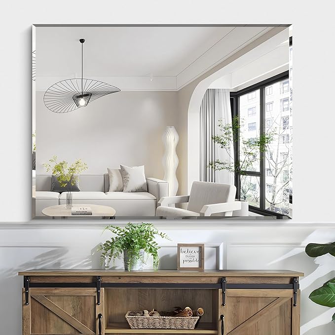 KOCUUY Beveled Mirror, 48x36 Inch Large Frameless Bathroom Mirror for Over Sink, Upgraded Shatterproof Beveled Unframed Design Mirror for Bathroom, Bedroom, Hang Horizontal/Vertical