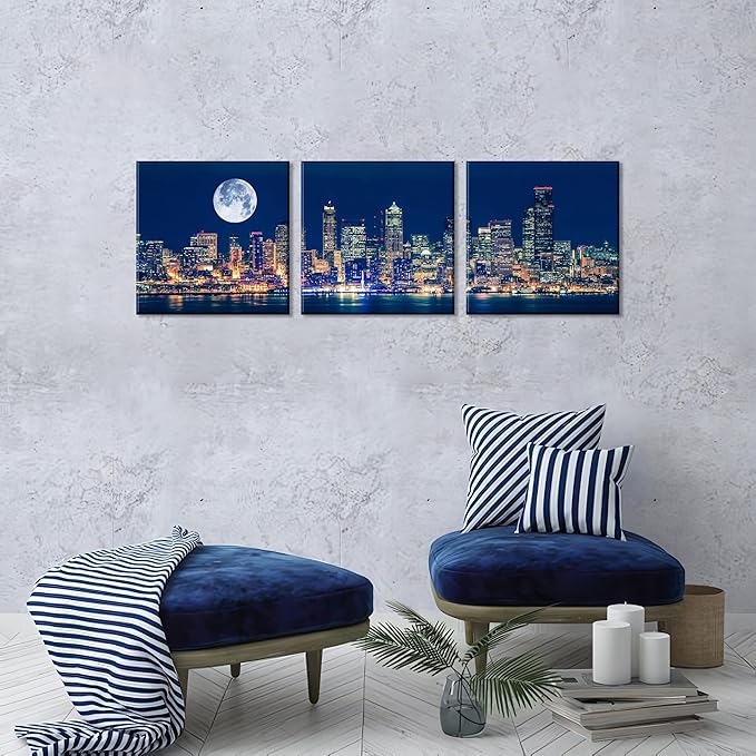 NAN Wind Panoramic Seattle Skyline Night Canvas Art Full Moon Over City Wall Decor 3 Panel Modern Urban Cityscape Print Blue Harbor Illuminated Skyscrapers Living Room Office Bedroom Home Decoration