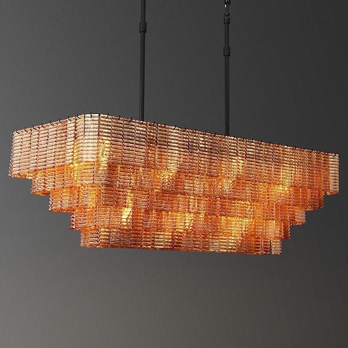Large Chandelier for Dining Room, 59" 11-Light Amber Rectangular Chandelier for High Ceilings, Modern Balck Kitchen Island Hanging Light Fixture for Living Room, Dining Room, Kitchen Island, Foyer