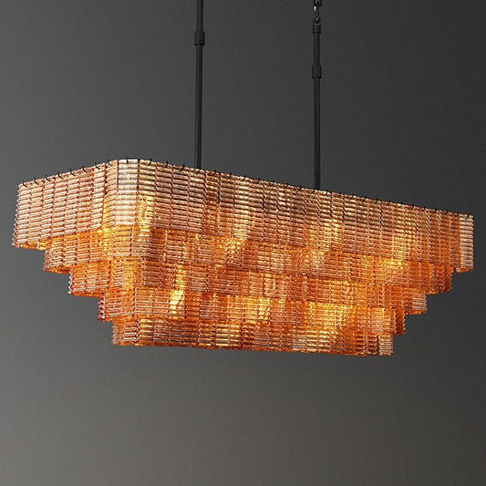 Large Chandelier for Dining Room, 59" 11-Light Amber Rectangular Chandelier for High Ceilings, Modern Balck Kitchen Island Hanging Light Fixture for Living Room, Dining Room, Kitchen Island, Foyer