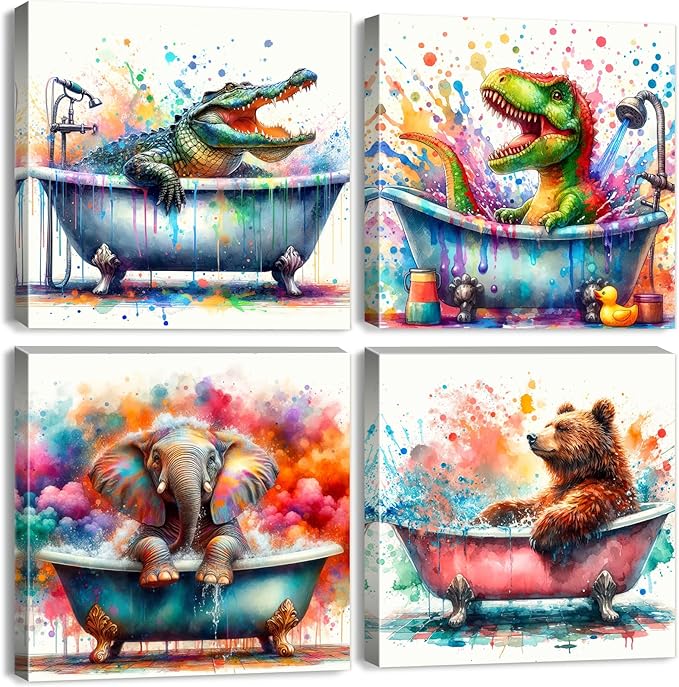 Kids Bathroom Funny Animals Wall Art Watercolor Elephant Dinosaur in Bathtub Pictures Canvas Prints Cute Bear Crocodile Shower Painting Framed Artwork Toddler Nursery Playroom Home Decoration 16x16”4P