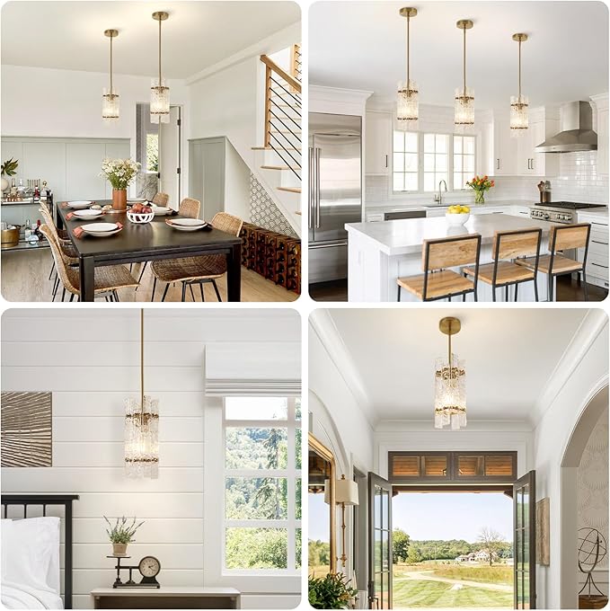 Modern Crystal Pendant Light for Kitchen Island, Gold Luxury Mini Water Ripple Glass Chandelier Lights Fixture, Modern Square Adjustable Hanging Pendant Lighting for Dining Room Bedroom (3-Pack)