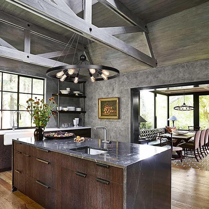 38.2'' Large Black Wagon Wheel Chandelier for Dining Room, 8-Light Country Round Metal Pendant Light Fixtures for Living Room Entryway Foyer Stairs Kitchen Island