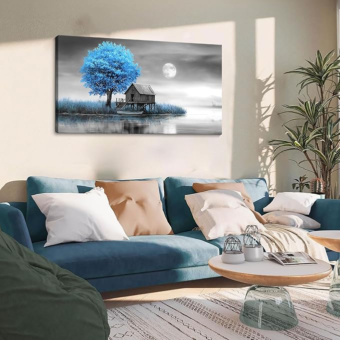 JEAWA Landscape Canvas Wall Art Decor - Blue Gray Wall Art for Bathroom Bedroom Study Dining Room, Winter Wall Art Canvas Paintings, Moon Pictures Wall Decor, Tree Art Wall Decor, 20x40 IN