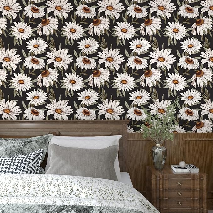 Boho Wallpaper Peel and Stick Dark Floral Contact Paper 17.5in x 118in Vinyl Waterproof Self-Adhesive Vintage Botanical Large Daisy Wall Paper for Bedroom Walls Countertop Decor