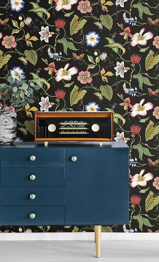 NextWall Summer Garden Floral Peel and Stick Wallpaper (Jet Black)
