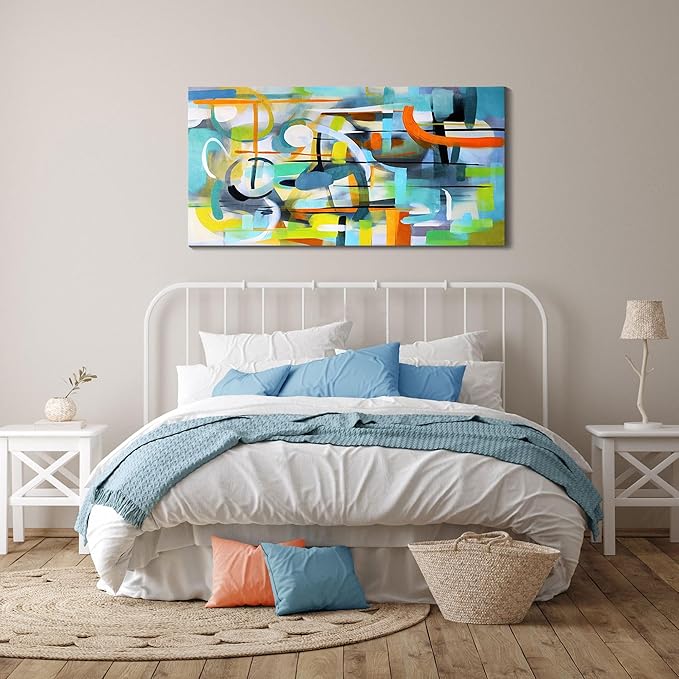 Mofutinpo Colorful Wall Art-Modern Abstract Canvas Wall Art-Teal And Blue Line Art -Pictures for Living Room Wall Decoration- Graffiti Paintings for Bedroom-Office Wall Decor 24×48in