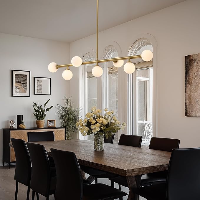 Mid Century Chandelier, Gold Brass Sputnik Pendant Light with White Glass Lampshade,7 Lights Globe Rectangle Linear Chandeliers for Dining Room Kitchen L43.3INxW11.8IN