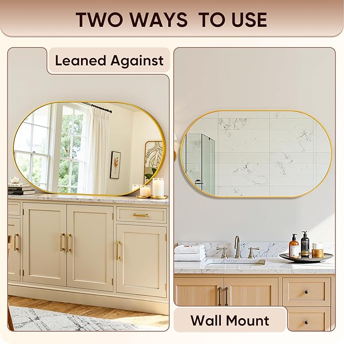 Antok Wall Mirror, 20"x36" Bathroom Vanity Mirror, Anti-Rust HD Tempered Glass, Wall Mounted Mirrors for Living Room, Entryway, Hallway, Gold Frame, Oval