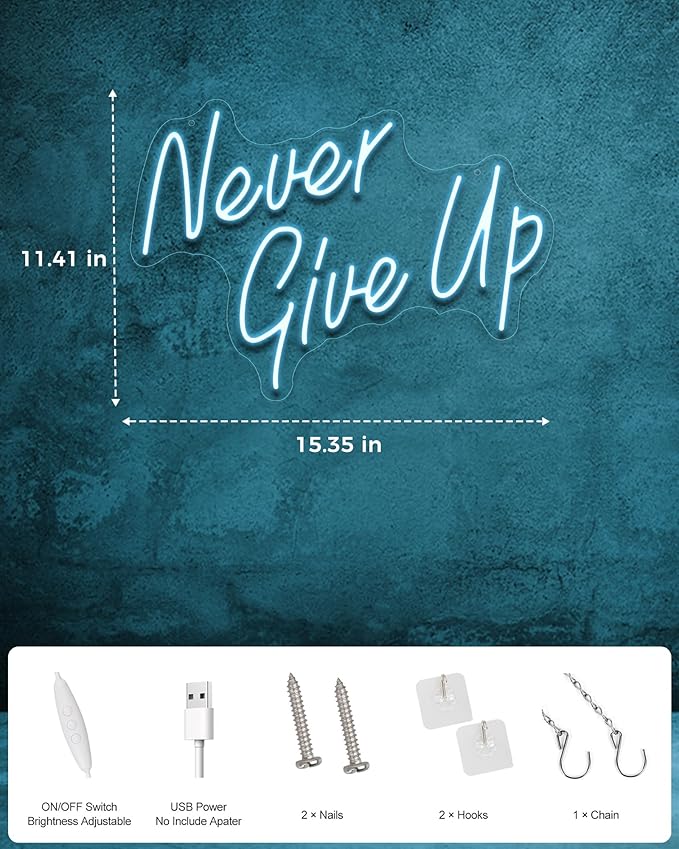 NEVER GIVE UPLED Neon Sign for Wall Decor,Neon Lights Party Decorations, USB Powered Switch Neon Lights lighting adjustable for Office Room, Gym Room, Man Cave, Gamer Room