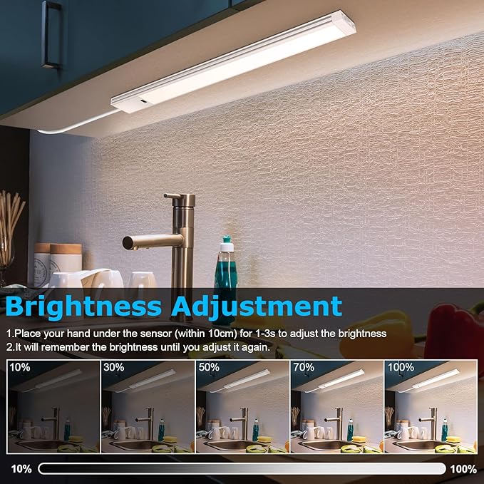 16 Inch Under Cabinet Lights with Hand Wave, Ultra Bright 3000K/4000K/6000K Under Counter Lights, Plug and Play, Dimmable LED Under Cabinet Lighting for Kitchen Cabinet, Cupboard, Closet, Desk(1 Pack)