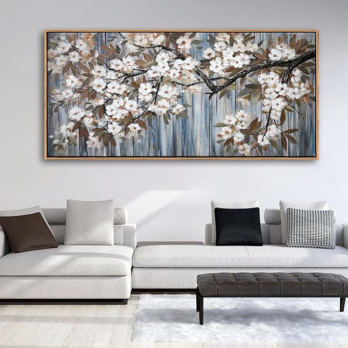 Large Canvas Framed Wall Art White Flowers Modern Canvas Wall Pictures for Living Room, Bedroom Family Wall Decor Decoration, Size 24x48 Wall Art(With Soild Wood Dark Framed)