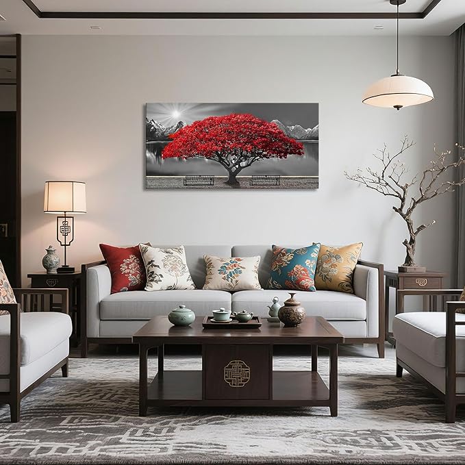 Mofutinpo Black and White Red Tree Wall Art Canvas Print Picture Large Red Tree Landscape Modern Artwork for Living Room Bedroom Office Home Wall Decoration Decor With Frame 20x40in