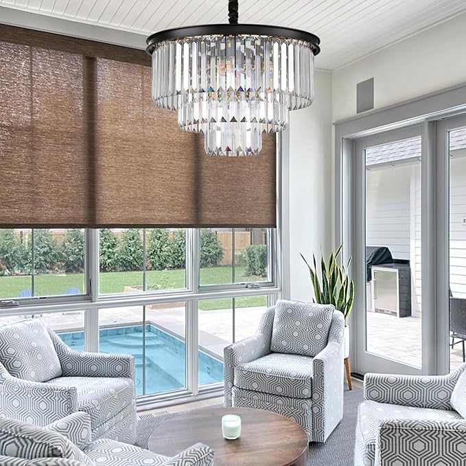 Modern Black Crystal Chandelier,3-Tier Round Pendant Ceiling Fixture with Height Adjustable Luxury Hanging Chandelier for Dining Room,Living Room,Entryway,Bedroom,Kitchen,and Foyer (Black Crystal-3)