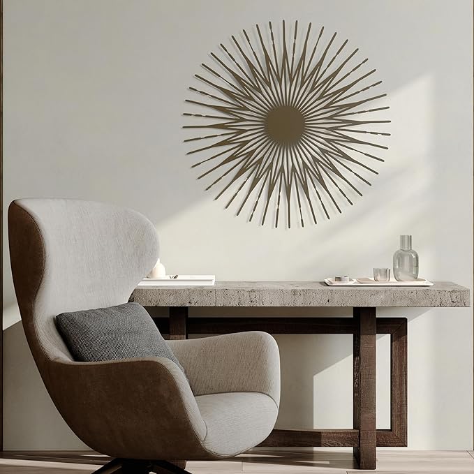 NEODECO Single Sun Metal Wall Art, Geometric Sun Decor, Metallic colors, Large 3D wall sculpture, model A (Bronze, Medium)