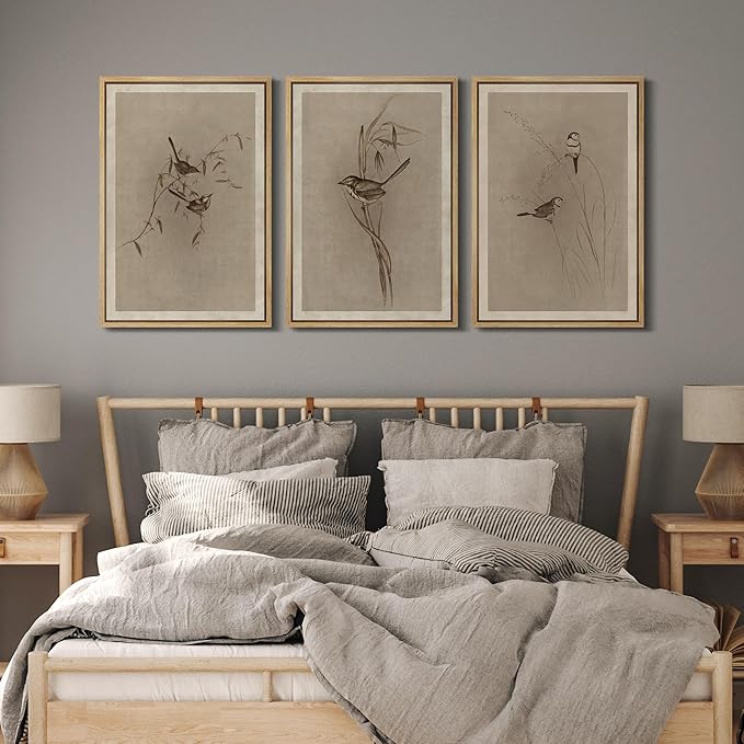 MUDECOR Framed Wall Art Print Set Vintage Bird Wheat Ear Illustrations Modern Art Boho Decorative Colorful Chic for Living Room, Bedroom, Office - 24"x36"x3 Natural