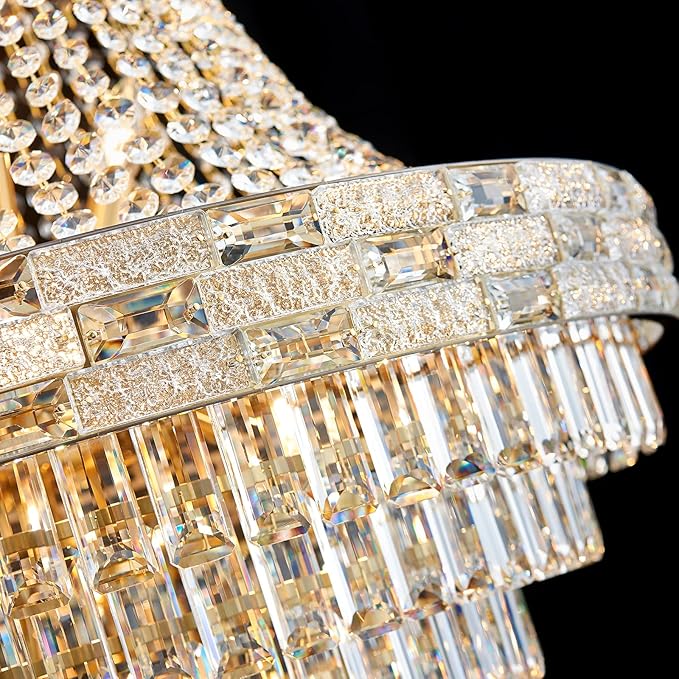 25-Light Gold Crystal Chandelier, 3-Layer High Ceiling Hanging Chandeliers Modern Large Chandeliers Light Fixture for High Ceilings,Entryway,Foyer,Staircase,Hallway,Living Room(H60 x D31)