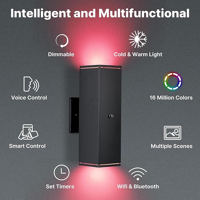 Outdoor Wall Lights 4 Pack, RGBCW Exterior Lighting Sconce,2700K-6500K Dimmable Smart Porch Lights Outdoor for House Patio Garage, Compatible with Alexa/Google Assistant, Bulb Included