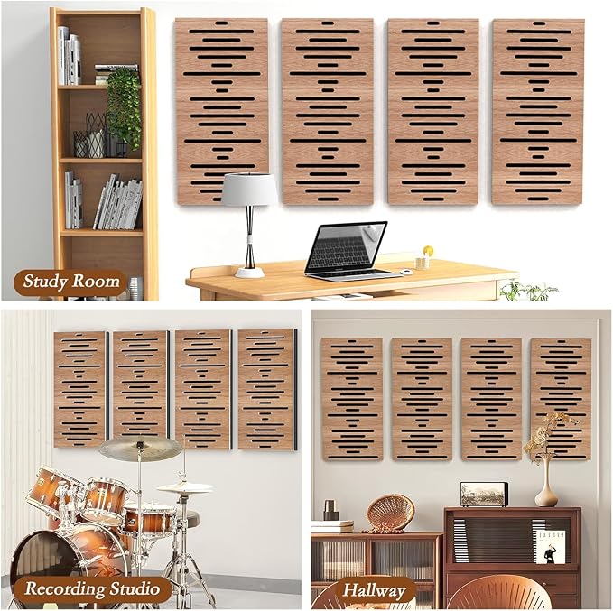 4Pack Acoustic Wall Panel Self-Adhesive Soundproof Foam Panels for Wall, 3D Perforated Tri-Layer Polyester Fiber Decorative Acoustic Insulation for Recording Studio, Office, 24×12×1.78", Waveform-Line