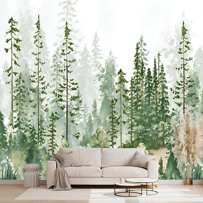 Boys or Girls Cartoon Pine Tree Forest Peel and Stick wallpeper Nursery Kids Bedroom Wall murals for Bedroom Living Room - 96"x137"