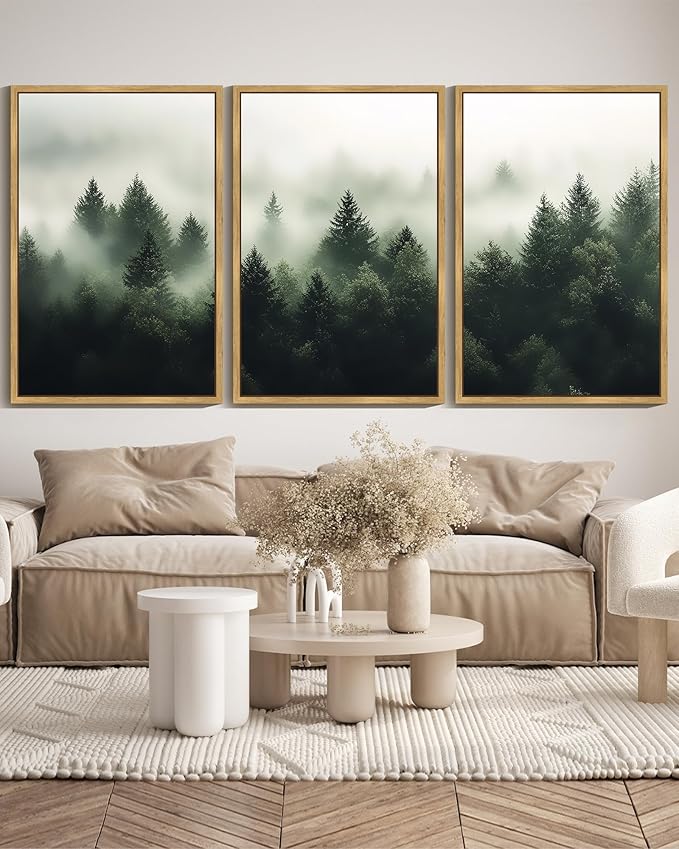 KUVIOKE Green Fog Pine Tree Framed Wall Art Nature Nordic Forests Artwork Morden Painting Home Decor 24x36in (Natural Framed)