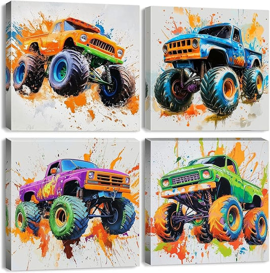 Colorful Hot Wheels Monster Truck Canvas Wall Art Nursery Artwork Watercolor Car Wall Decor for Kids Room Trucks Pictures Boys Bedroom Vehicle Prints Posters Bathroom Gamer Home Decorations 12x12" 4P