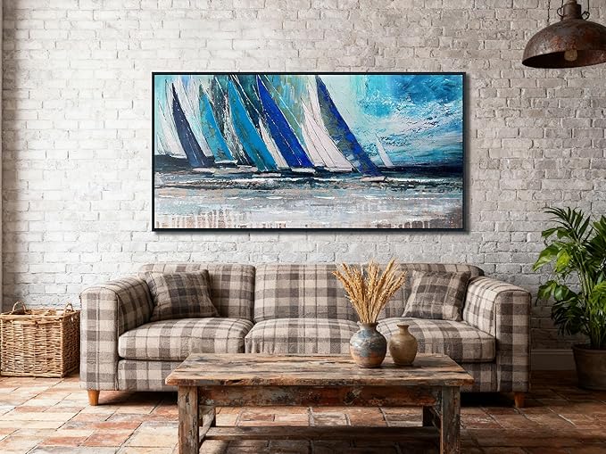 Arjun Framed Wall Art Blue Abstract Wall Art Canvas for Living Room, Teal Coastal Nautical Sailboat Picture Painting Artwork Bedroom Home Office Wall Decor, Black Wood Large 48"x24"