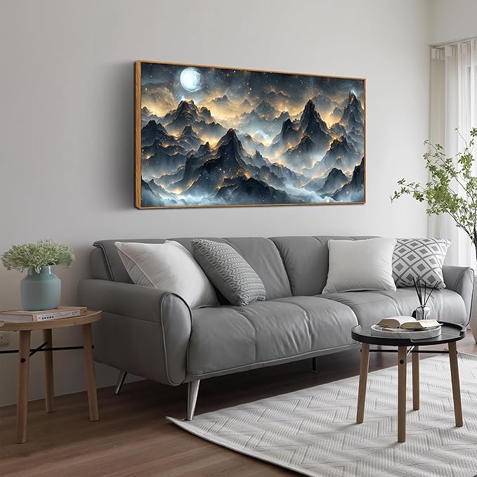 Ouzzlie Black and Gold Art Wall Decor Moon Wall Art for Office Mountain Landscape Canvas Picture Artwork 24" x 48"