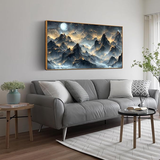Ouzzlie Black and Gold Art Wall Decor Moon Wall Art for Office Mountain Landscape Canvas Picture Artwork 24" x 48"