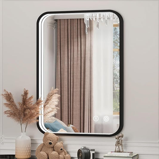 20x28 Inch Black LED Bathroom Mirror with Lights, 3000K/4500K/6000K, Wall Mounted Lighted Vanity Mirrors for Bathroom, Anti-Fog, Stepless Dimmable, Memory Funtion, Horizontal/Vertical