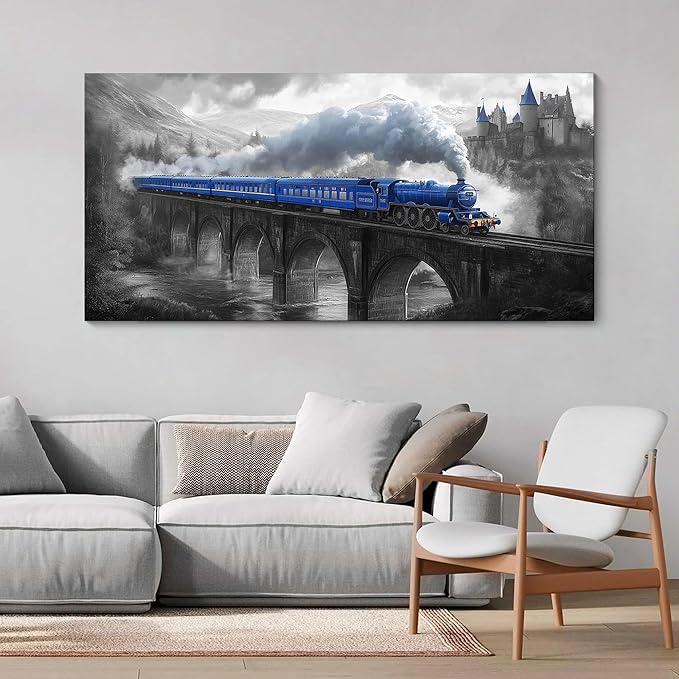 JEAWA Large Canvas Wall Art - Blue White Gray Landscape Painting Decor, Picture with Castle Bridge Train, Modern Art Prints for Living Room Bedroom Home Decoration, 29x58 IN