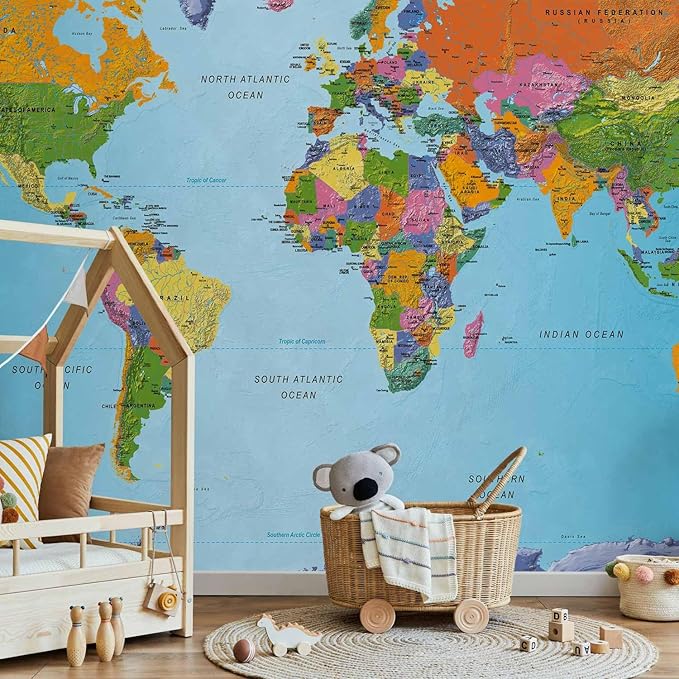 artgeist Premium Wall Mural World Map 197x138 in - Non-Woven Wallpaper Fleece Wall Decor Photo Print Picture Image Design Home Map of The World k-A-0095-a-a