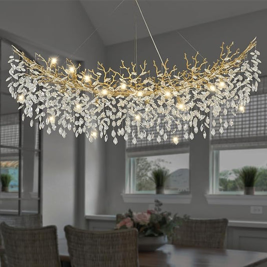Modern Crystal Chandelier, 63" Large Rectangular Chandeliers for Dining Room, Gold Chandelier Light Fixture Raindrop FoyerChandelier Tree Branch Chandeliers for Living Room