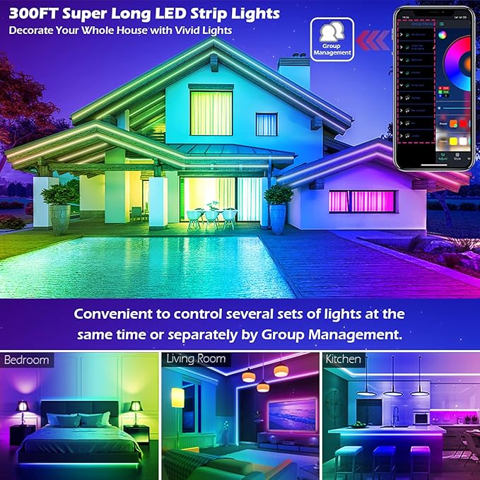 Led Strip Lights, 300ft/90m Long Smart Led Light Strips Music Sync 5050 RGB Color Changing Rope Lights,Bluetooth APP/IR Remote/Switch Box Control Led Lights for Bedroom,Home Decoration,Party,Festival