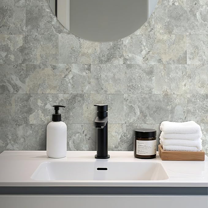AULIGET 2-Piece Peel and Stick Backsplash Wall Tiles, 6" x 12" Grey & Beige Slate PVC Faux Stone Stick on Tiles for Backsplash Kitchen