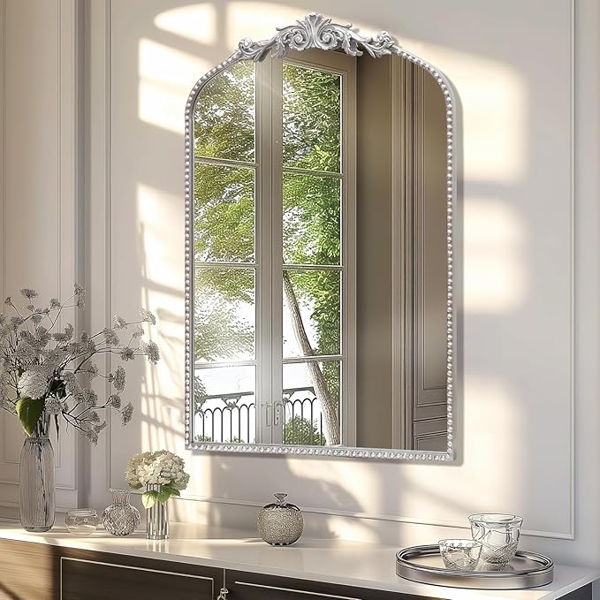 Antique Silver Arch Wall Mirror, 24"x36" Traditional Vintage Mantel Mirror with Ornate Metal Frame, Baroque Victorian Mirror for Fireplace/Entryway/Bathroom/Living Room/Hallway