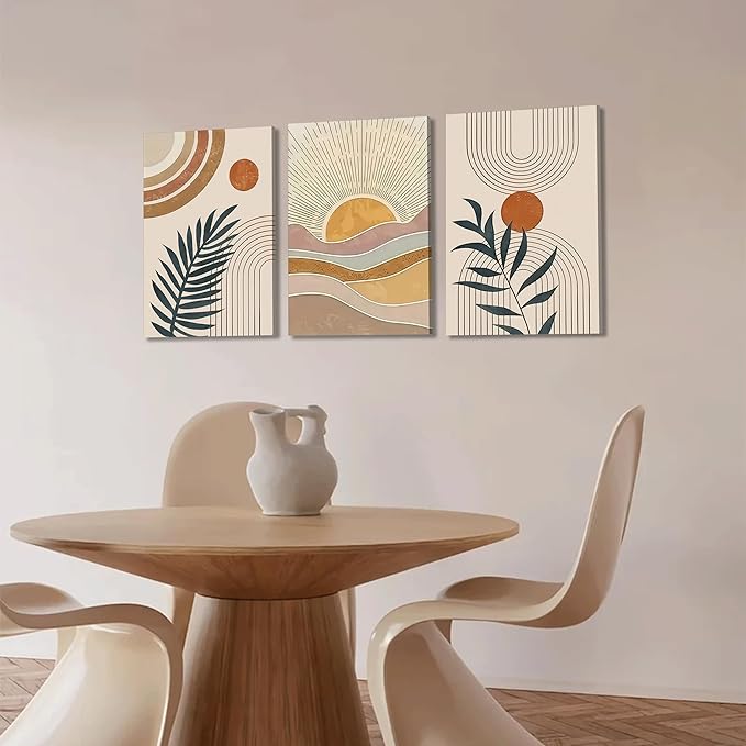 3Pcs Framed Boho Abstract Wall Art Orange Rainbow Sun Desert Minimalist Picture Mid-Century Modern Poster Prints Neutral Botanical Geometric Canvas Painting Wall Decor for Living Room16L x 12W