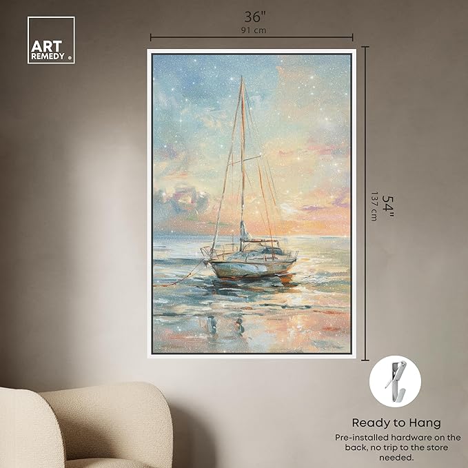Art Remedy Boat On The Shore Framed Sailing 1 Piece Canvas Wall Art, 37" x 55", White Frame