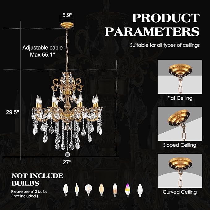 Antique Bronze Crystal Chandeliers, Candle Pendant Ceiling Light Fixture 8-Lights Luxury Gold Crystal Chandelier Adjustable Chain for Dining Living Room Bedroom Hallway 27 Inch