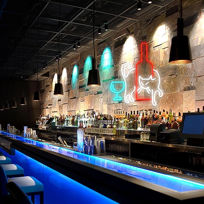 LISIGNVE Cat Beer Neon Sign LED Wine Glass Light up Sign for Bar Wall Decor USB Dimmable Cat Neon Light Cocktail neon Light sign for Living Room Home Bar Man Cave Animal Themed Gathering