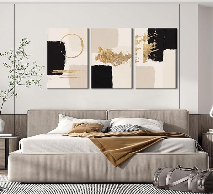 3pcs Framed Black Gold Abstract Wall Art Bohemian Simple Geometric Canvas Poster Print Modern Beige Picture Painting Wall Decor for Living Room Bedroom Office Decoration