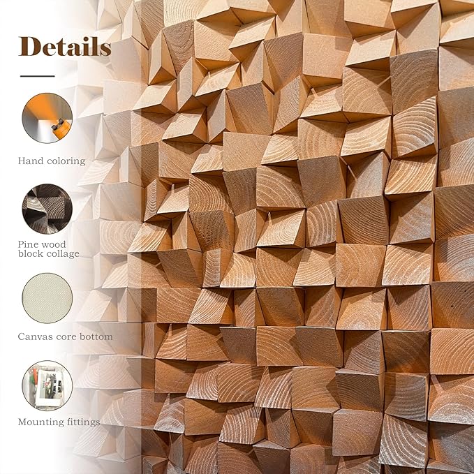 LIUZEYUE - 3D wooden block painting gradient coffee white art background wall wooden block abstract geometric wall decoration living room/bedroom/office modern minimalist style decoration 23.6"x47.2"